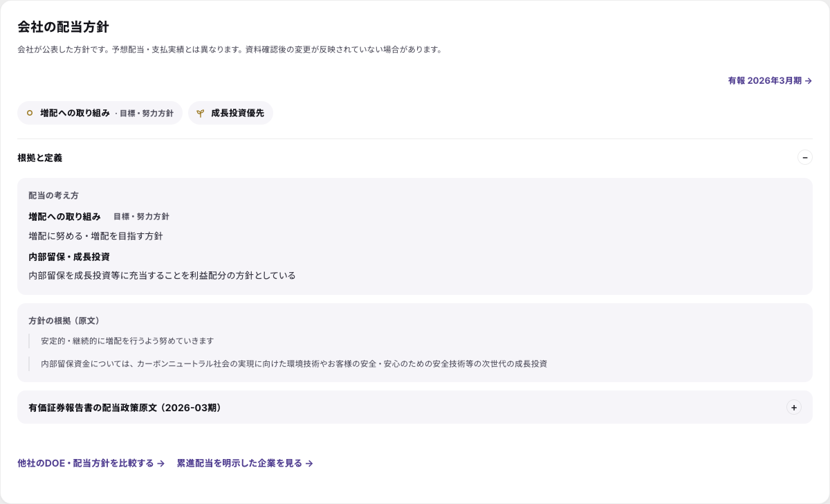 StockClub の会社の配当方針。有報 2026 年 3 月期をもとに「増配への取り組み」「成長投資優先」のタグが付き、「根拠と定義」を開くと配当の考え方と有報の原文が出る